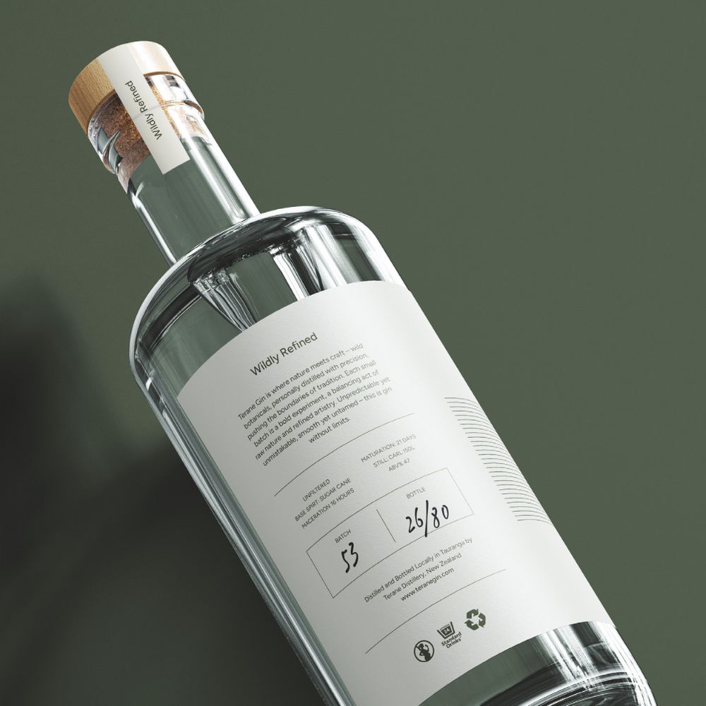 Premium New Zealand gin bottle by Terane