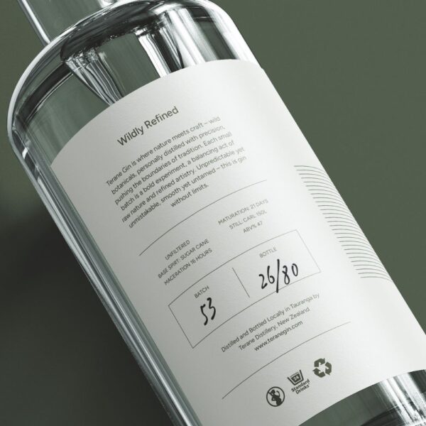 Terane Gin Product Image - Back of Bottle 2 Back label of a Terane gin bottle