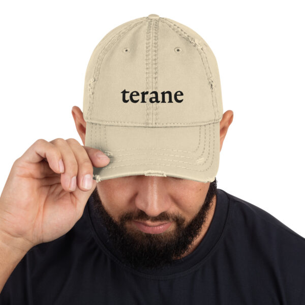 distressed-dad-hat-khaki-front-69e44223d4901.jpg Terane stone cap, front detail