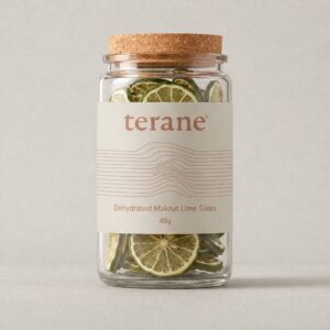 Terane Makrut Lime dehydrated citrus garnish in a glass jar