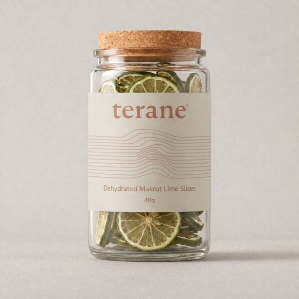 Terane Makrut Lime dehydrated citrus garnish in a glass jar